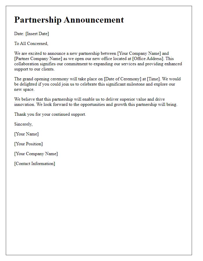 Letter template of partnership announcement for new office