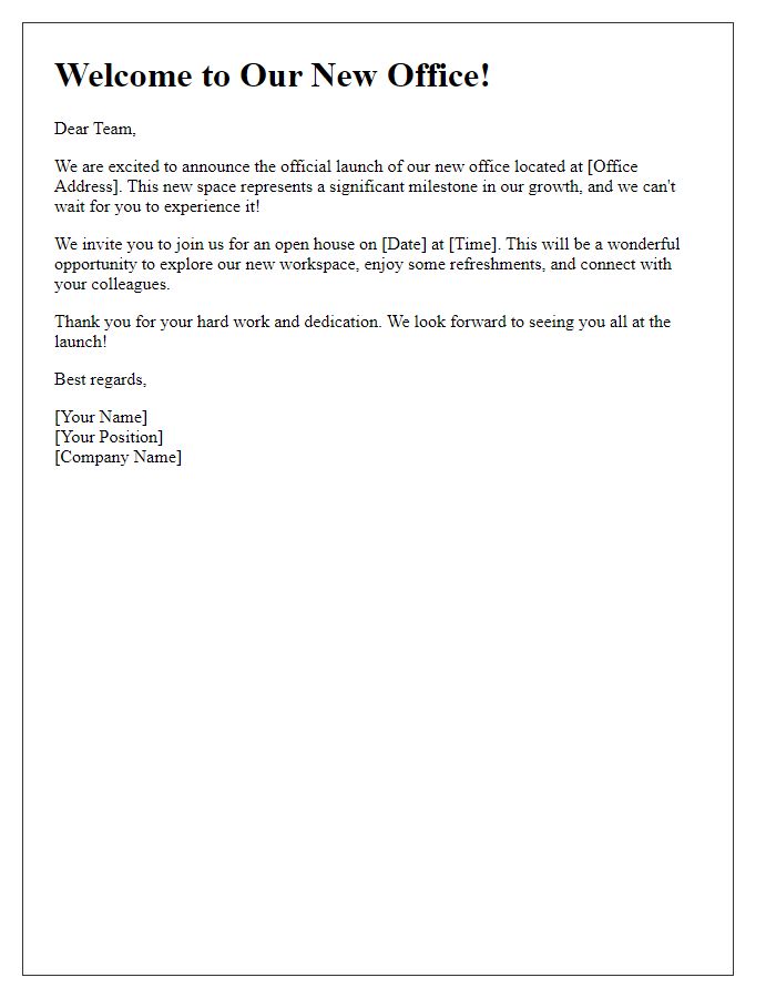 Letter template of welcome message for new office launch