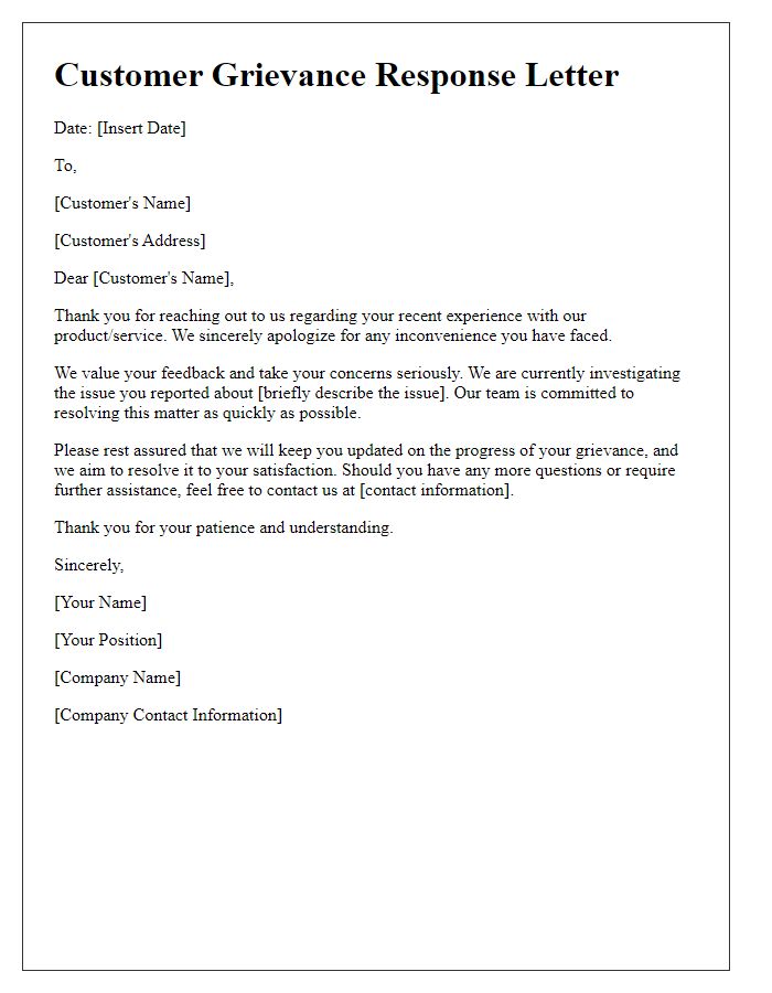 Letter template of addressing customer grievances