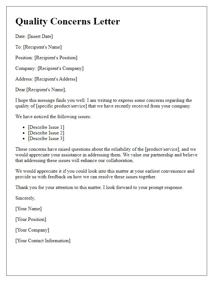 Letter template of addressing quality concerns