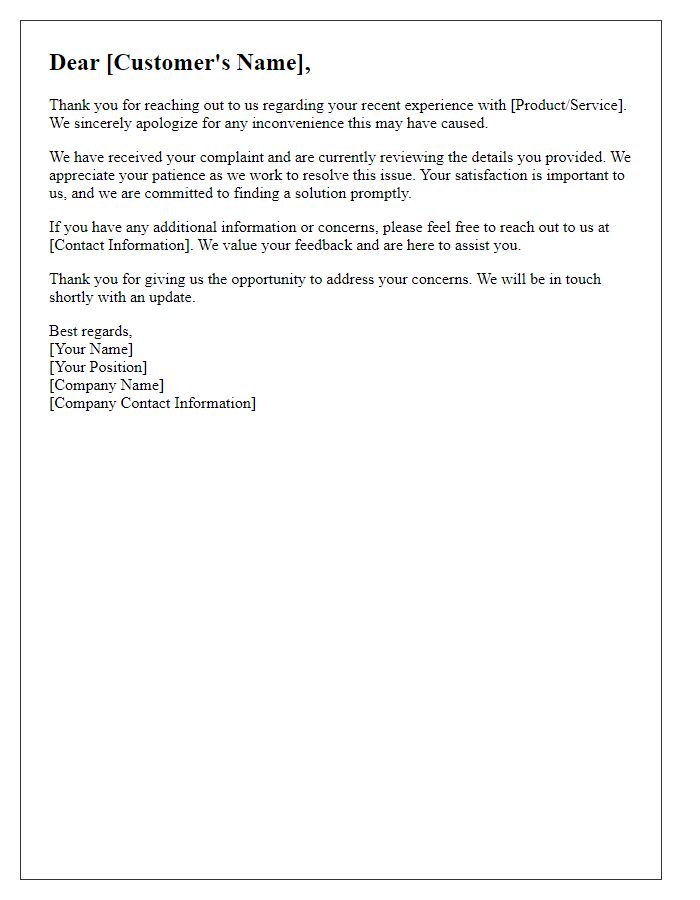 Letter template of follow-up on customer complaints