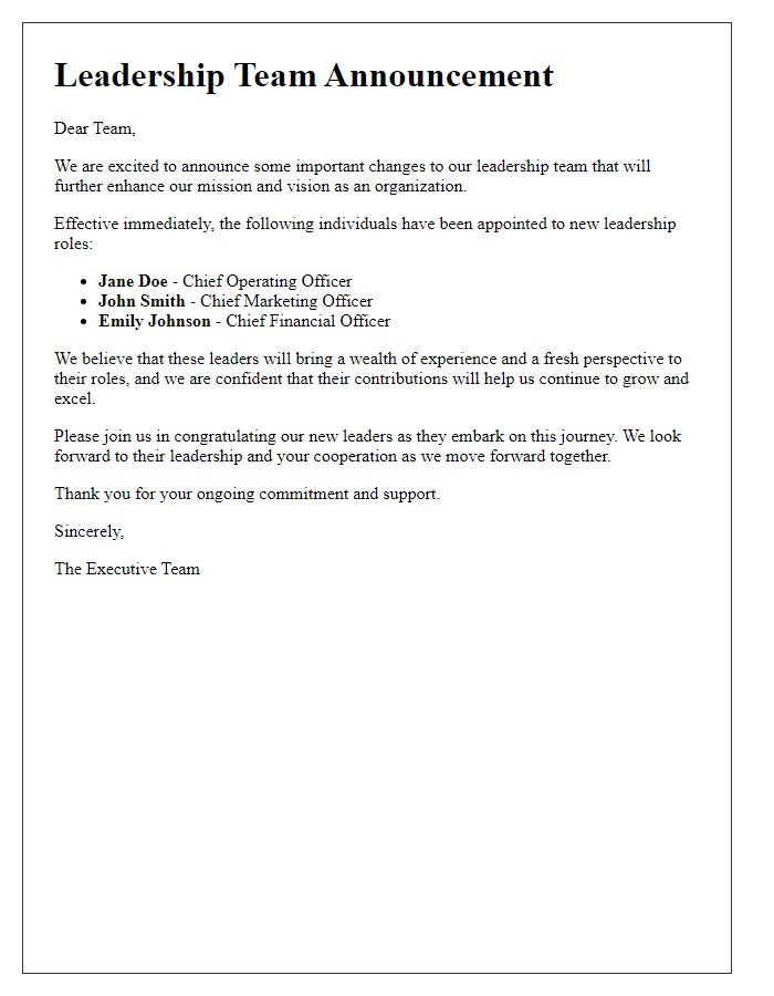 Letter template of leadership team announcement for internal stakeholders.