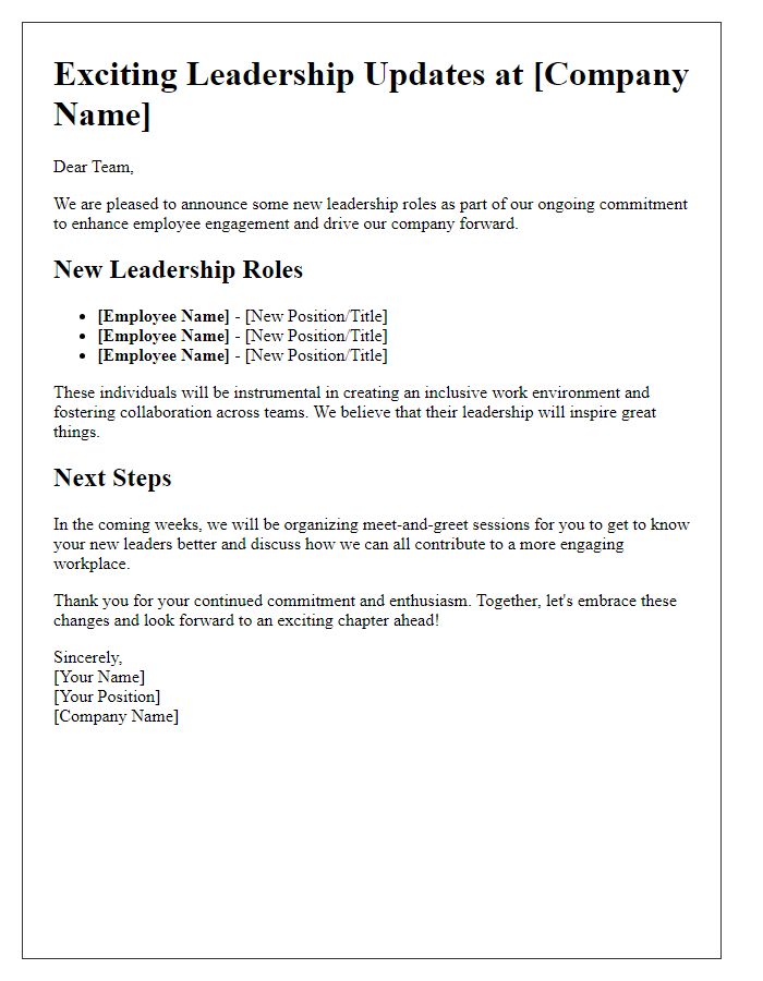 Letter template of new leadership roles for employee engagement.