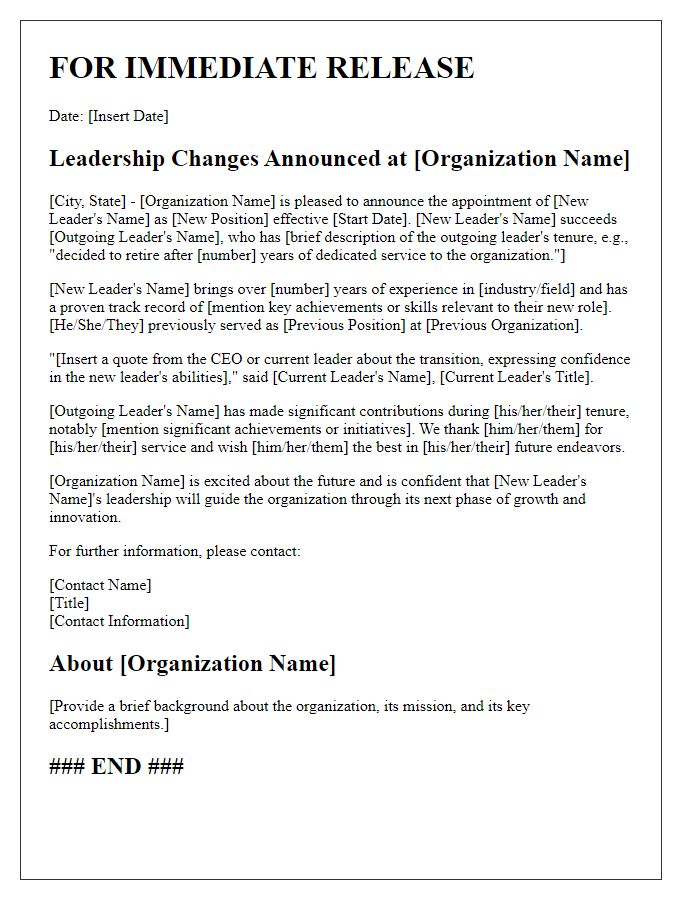 Letter template of organizational leadership changes for press release.