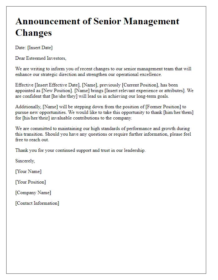 Letter template of senior management changes for investor relations.