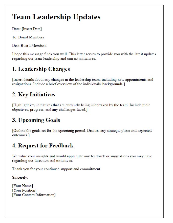 Letter template of team leadership updates for board members.