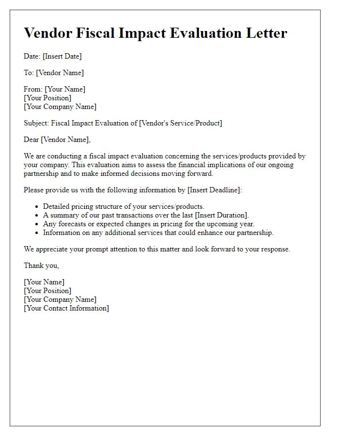 Letter template of vendor fiscal impact evaluation