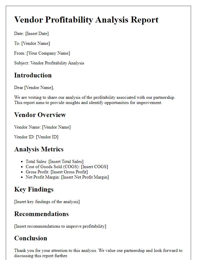 Letter template of vendor profitability analysis