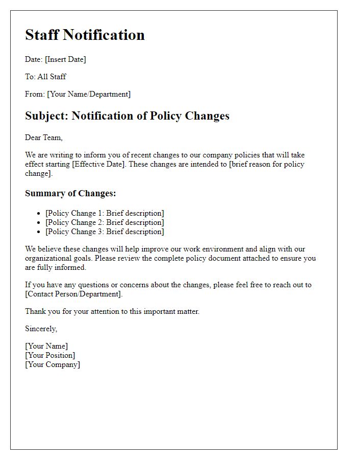 Letter template of Staff Notification Regarding Policy Changes