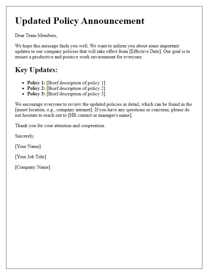 Letter template of Updated Policy Announcement for Team Members