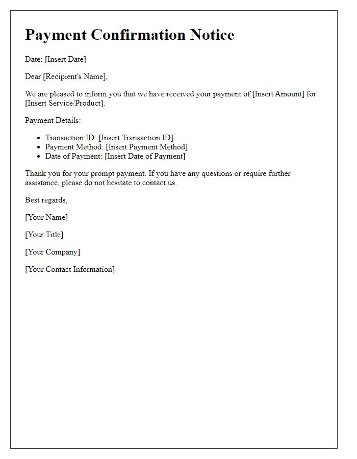 Letter template of Payment Confirmation Notice