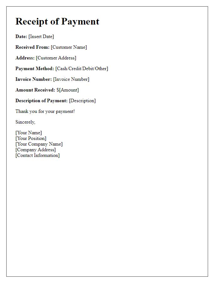 Letter template of Receipt of Payment