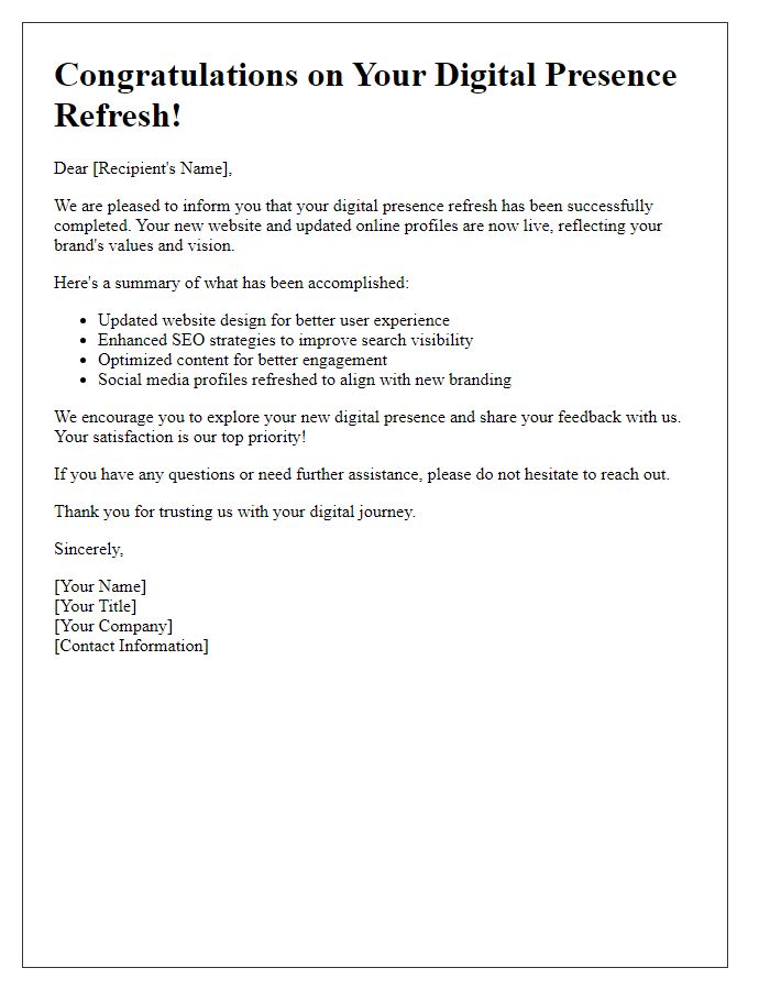 Letter template of digital presence refresh completion
