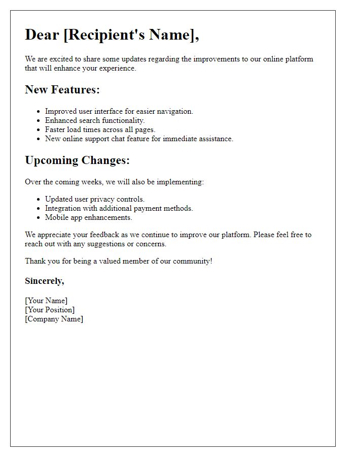 Letter template of online platform improvement update
