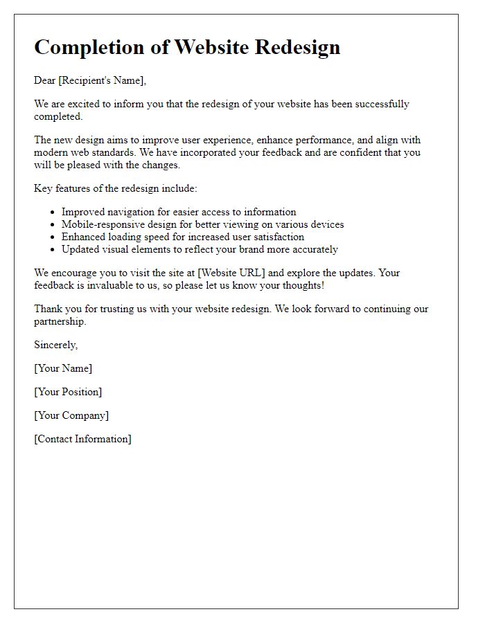 Letter template of site redesign completion