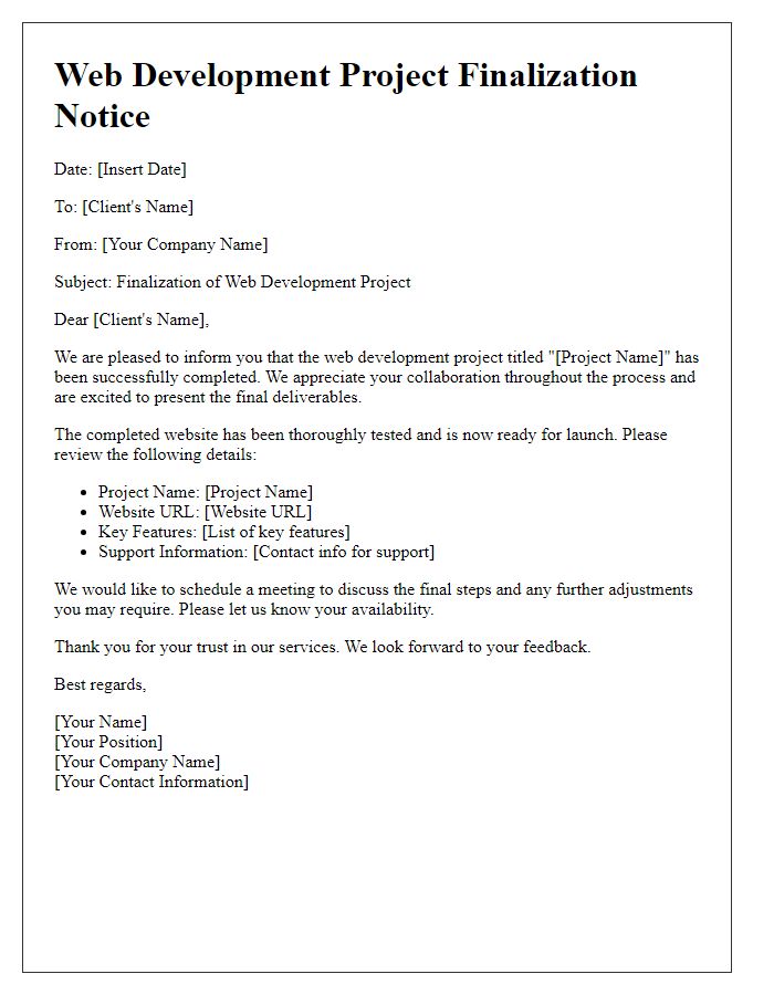 Letter template of web development finalization notice