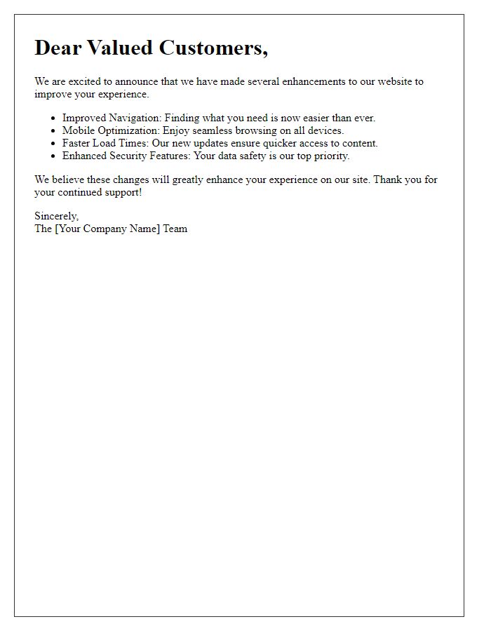 Letter template of website enhancements announcement