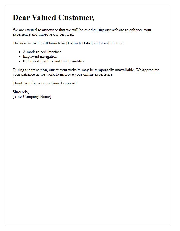 Letter template of website overhaul notification