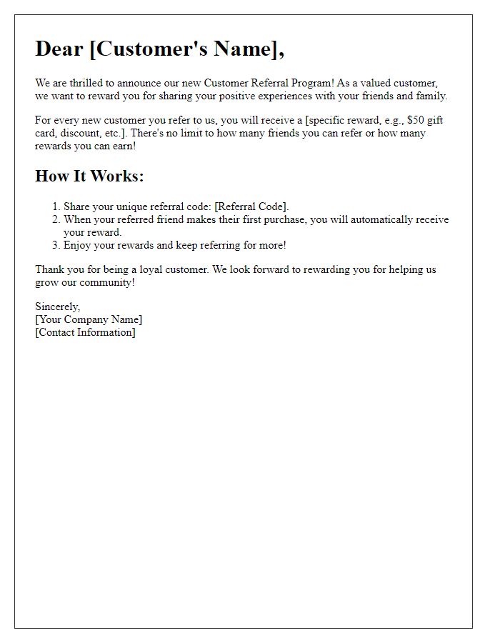 Letter template of rewards for customer referral initiatives.