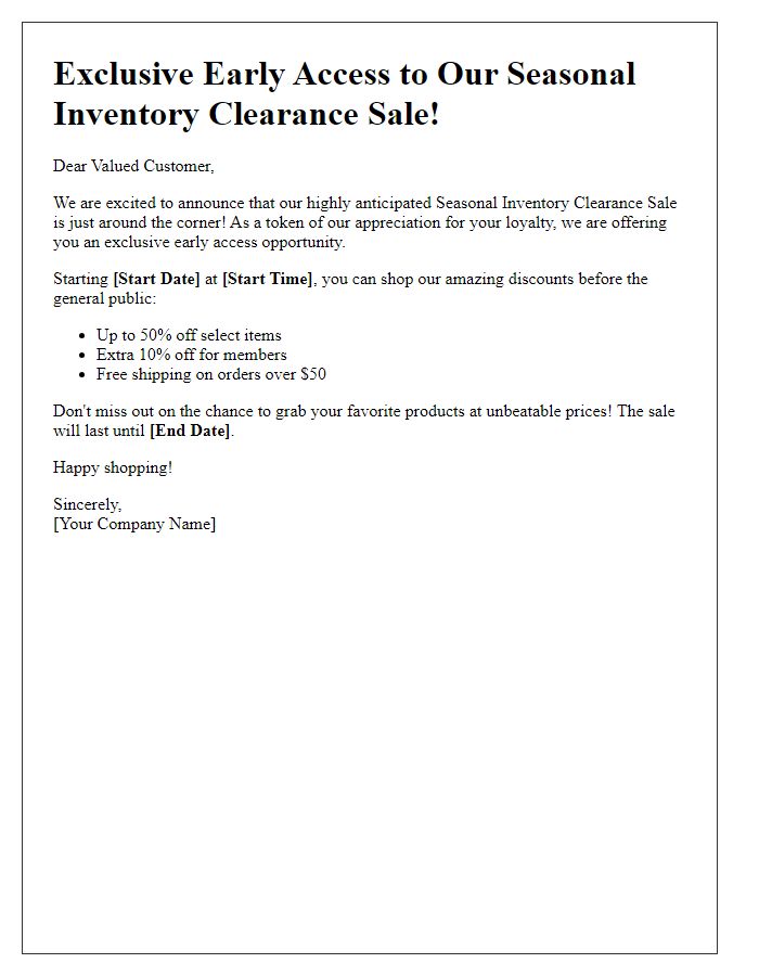 Letter template of early access notification for seasonal inventory clearance sale