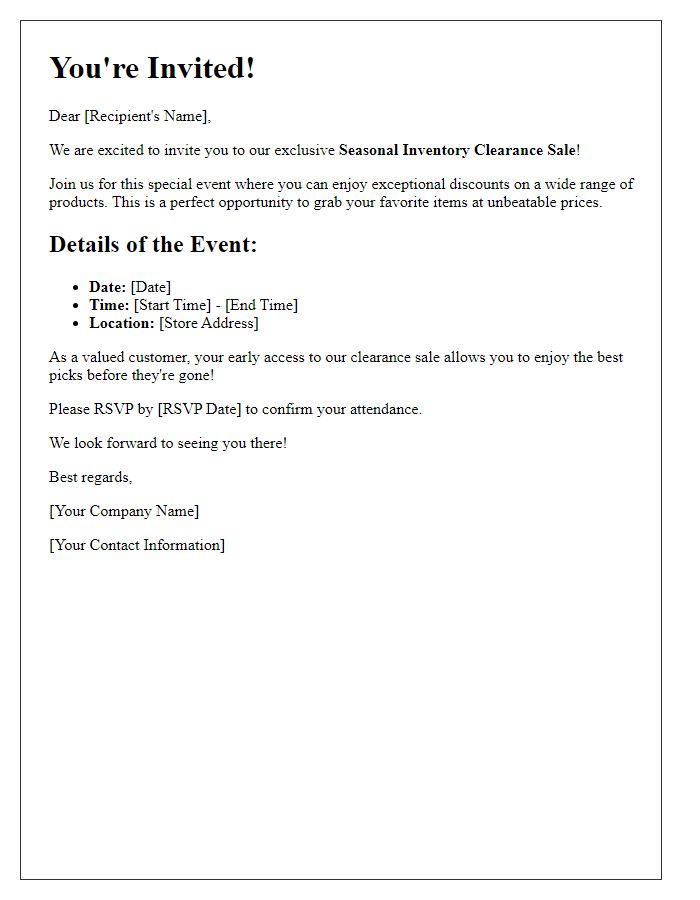 Letter template of exclusive invitation to seasonal inventory clearance sale