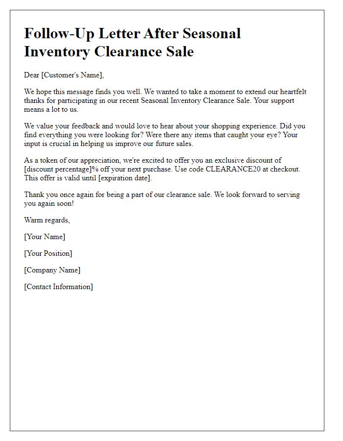 Letter template of follow-up after seasonal inventory clearance sale