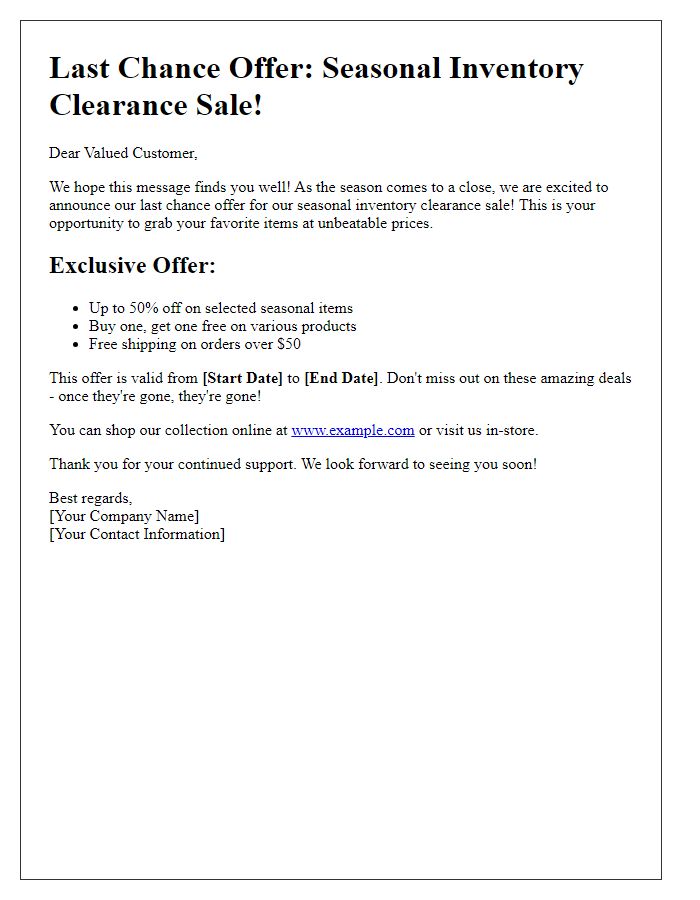 Letter template of last chance offer for seasonal inventory clearance sale