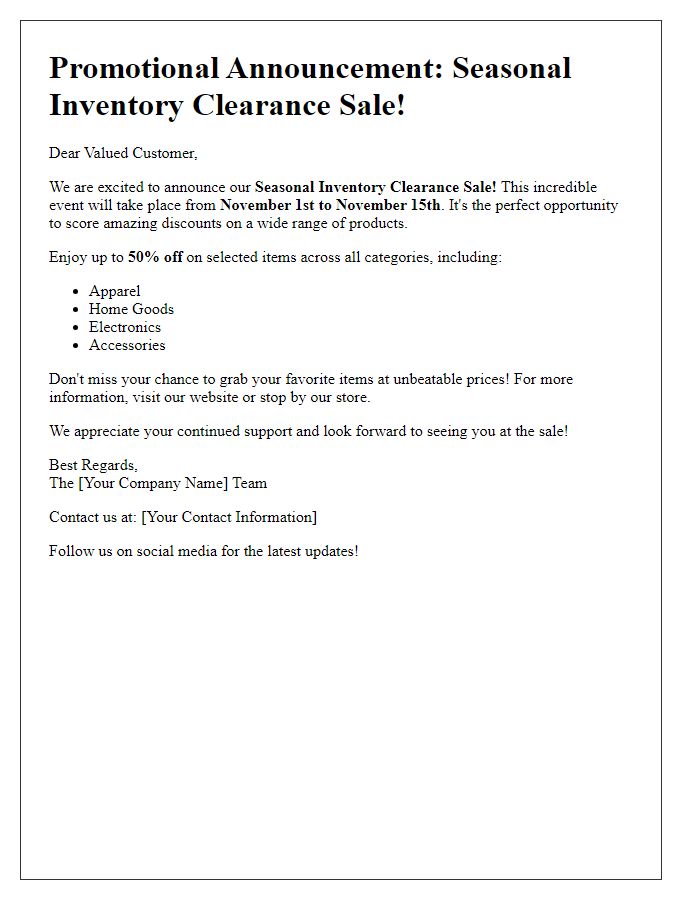 Letter template of promotional announcement for seasonal inventory clearance sale