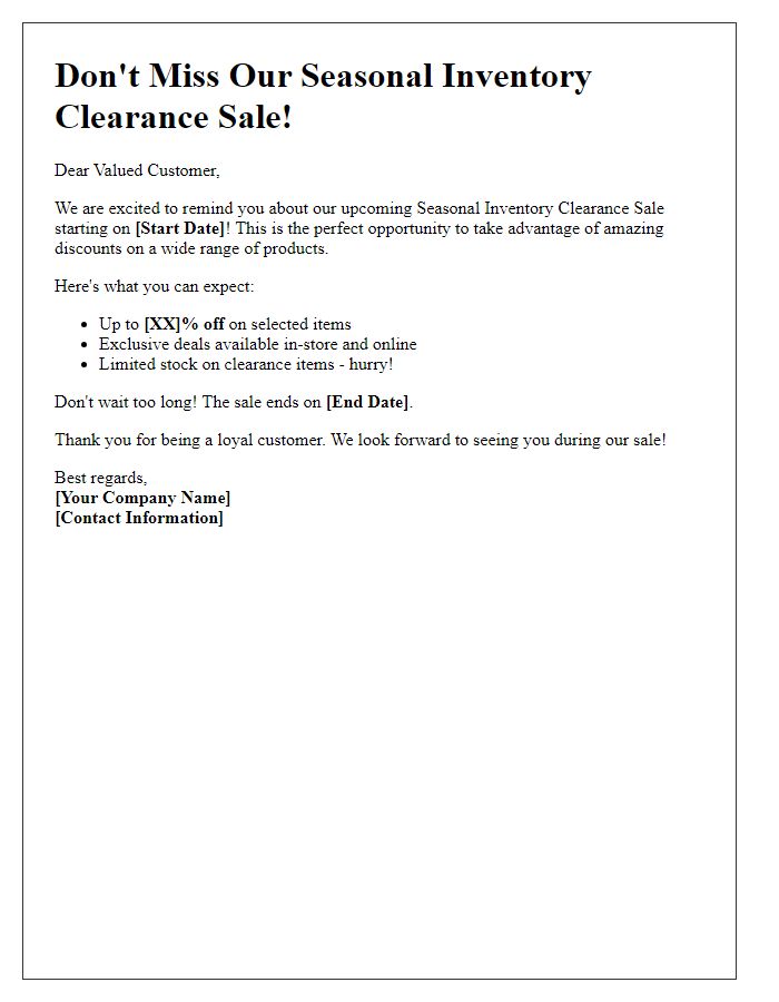 Letter template of seasonal inventory clearance sale reminder