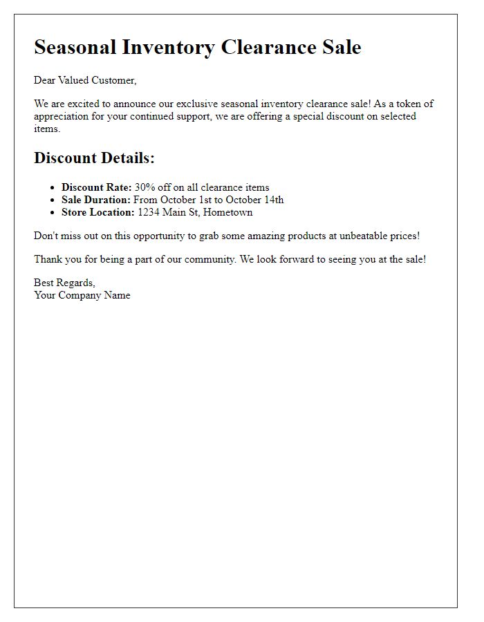 Letter template of special discount details for seasonal inventory clearance sale