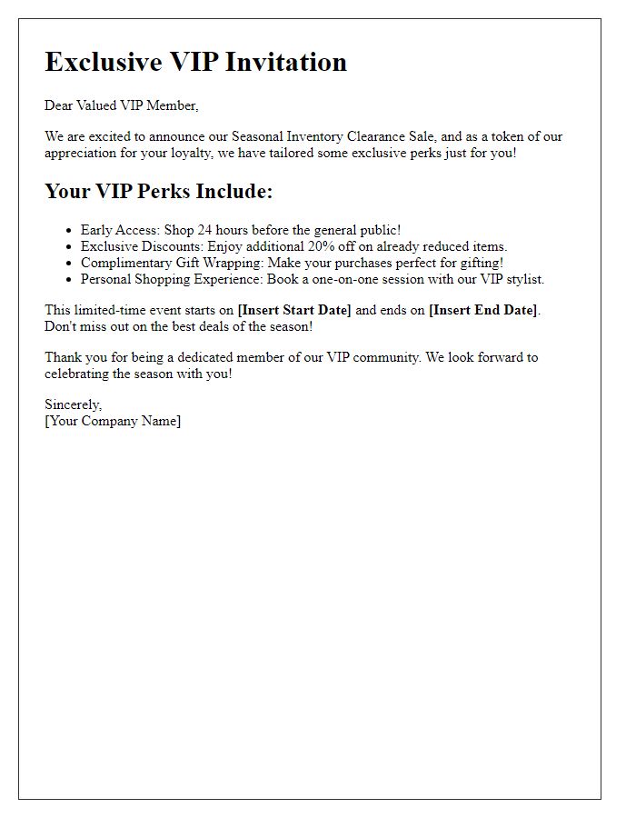 Letter template of VIP perks during seasonal inventory clearance sale