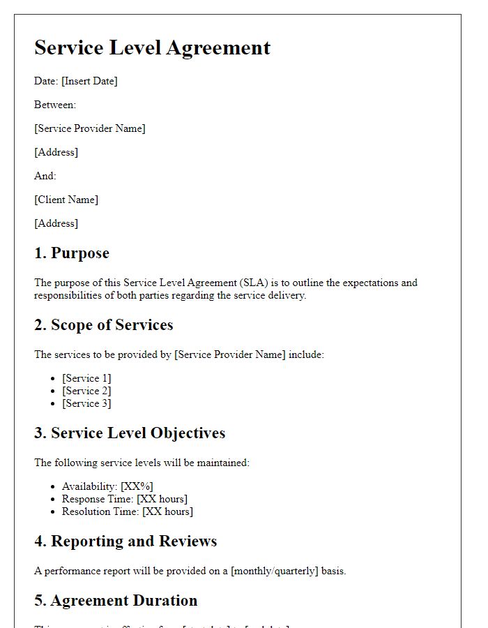 Letter template of agreement on service levels