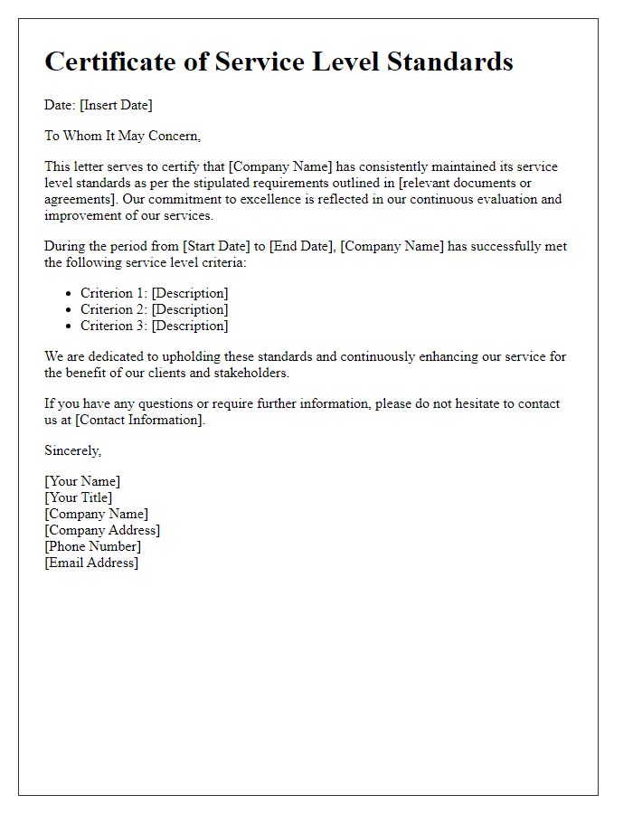 Letter template of certification for service level standards