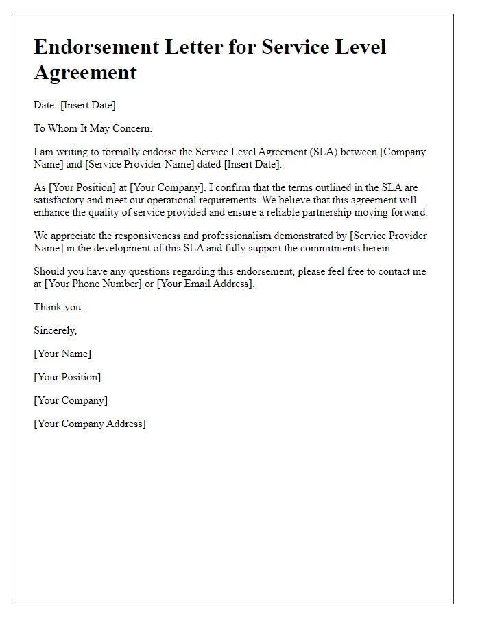 Letter template of endorsement for service level agreement