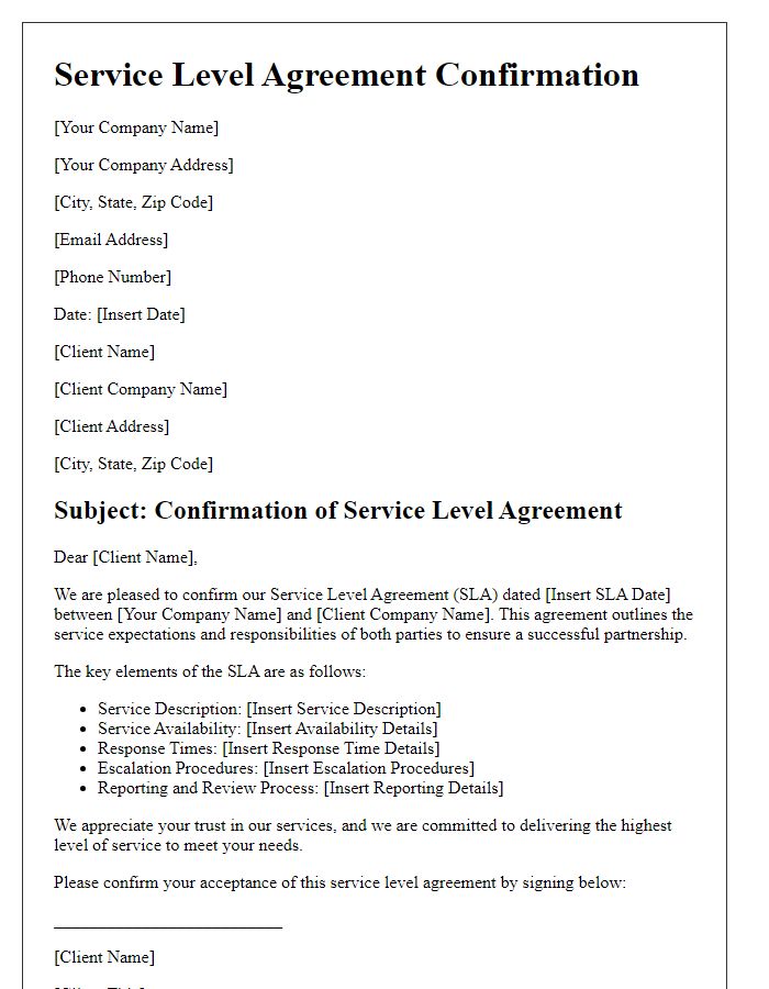 Letter template of service level agreement confirmation