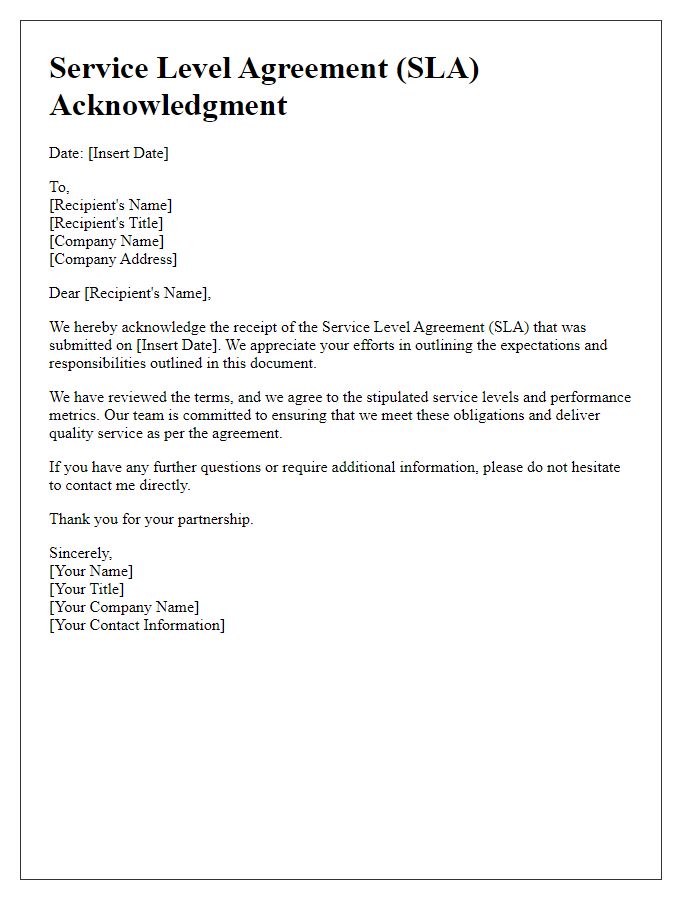 Letter template of SLA acknowledgment