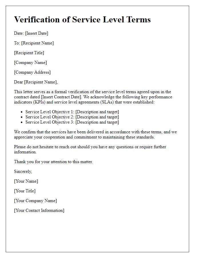 Letter template of verification of service level terms