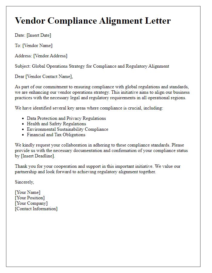 Letter template of vendor global operations strategy for compliance and regulatory alignment.