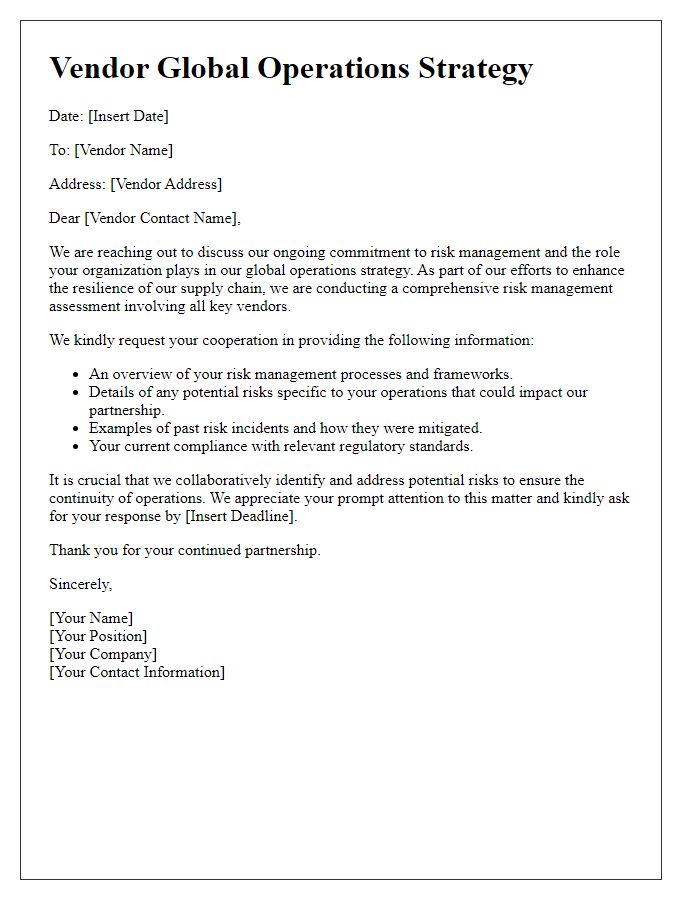 Letter template of vendor global operations strategy for risk management assessment.