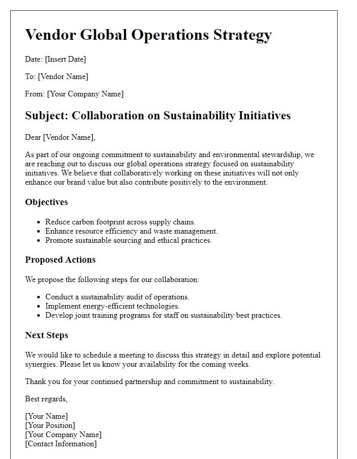 Letter template of vendor global operations strategy for sustainability initiatives.