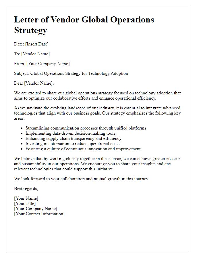 Letter template of vendor global operations strategy for technology adoption.