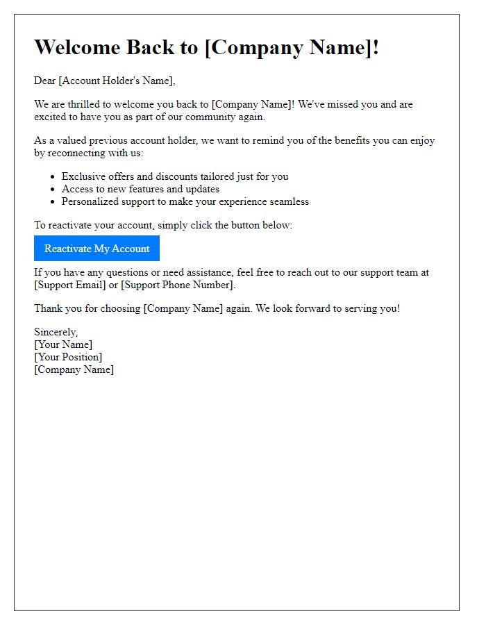 Letter template of welcoming back previous account holders