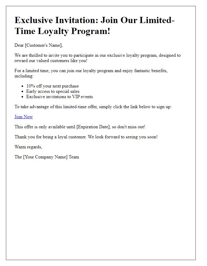 Letter template of limited-time loyalty program invitation