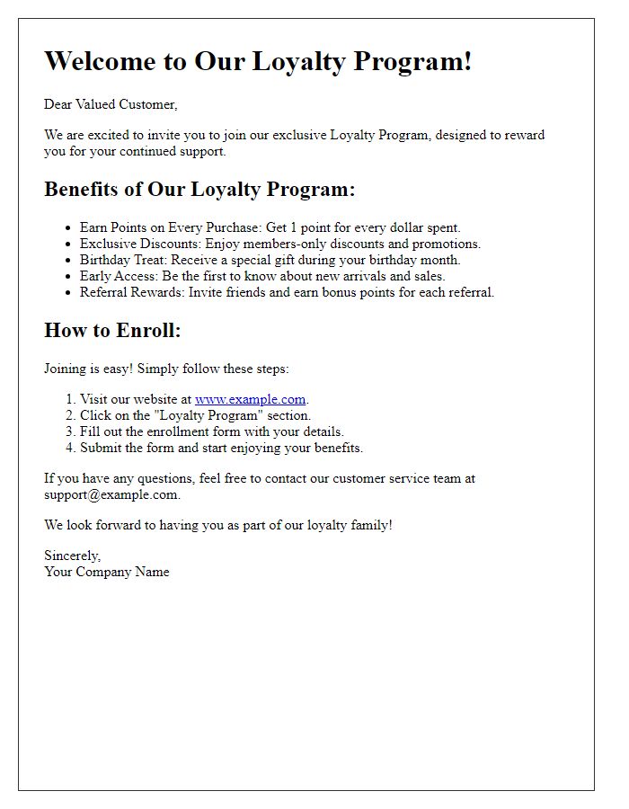 Letter template of loyalty program benefits overview and enrollment