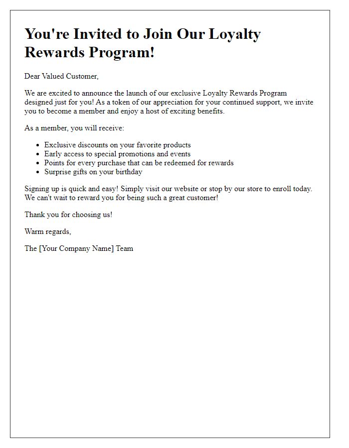 Letter template of loyalty rewards program invitation for valued customers