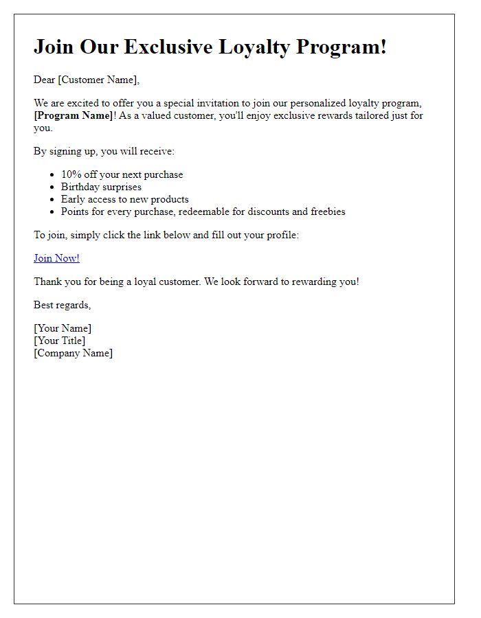 Letter template of personalized loyalty program sign-up offer