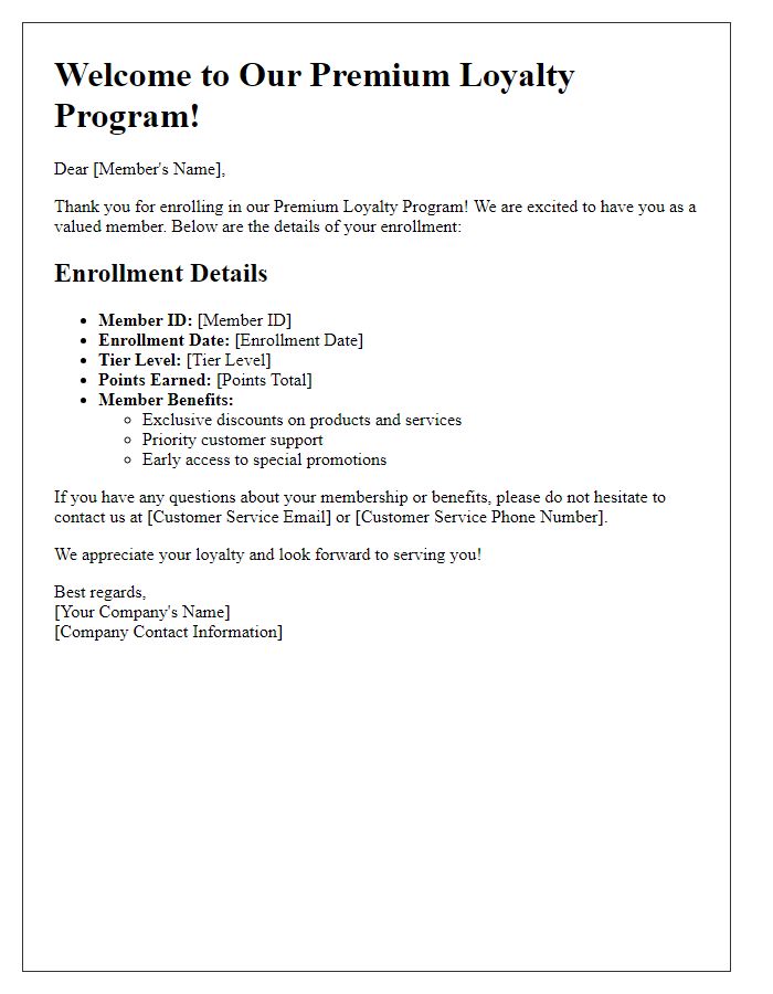 Letter template of premium loyalty program enrollment details