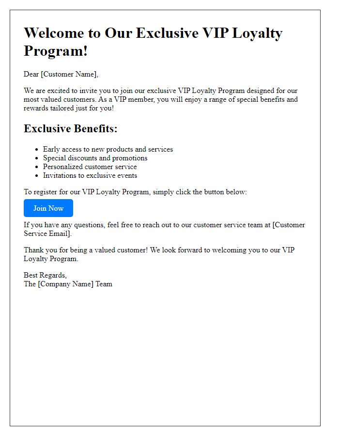 Letter template of VIP loyalty program registration opportunity