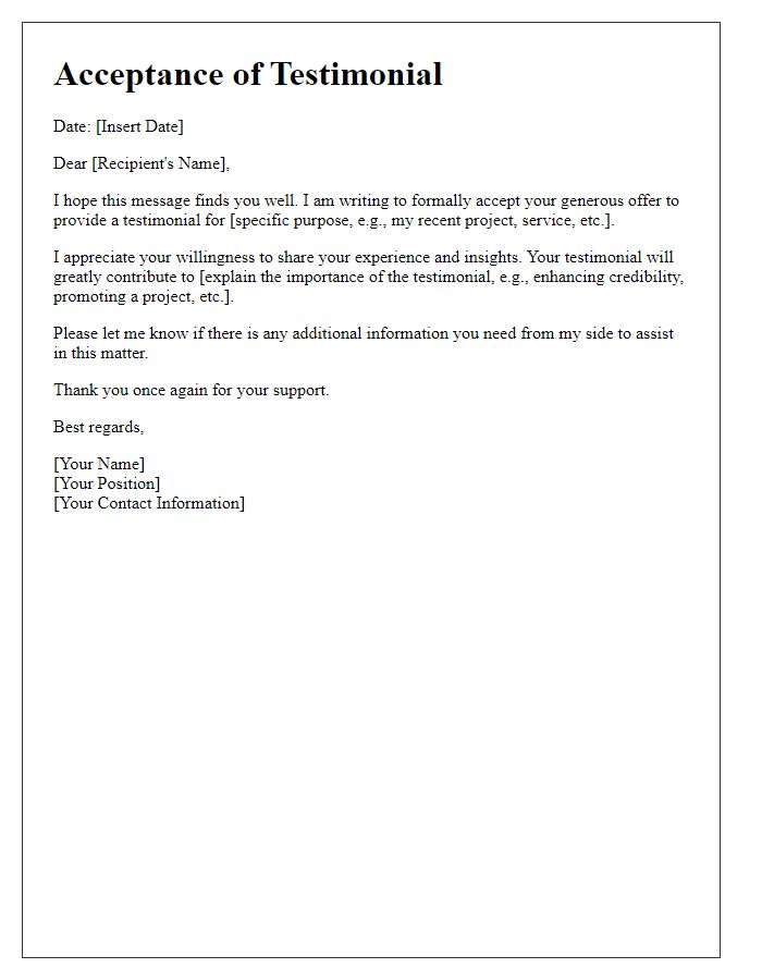 Letter template of acceptance for your testimonial