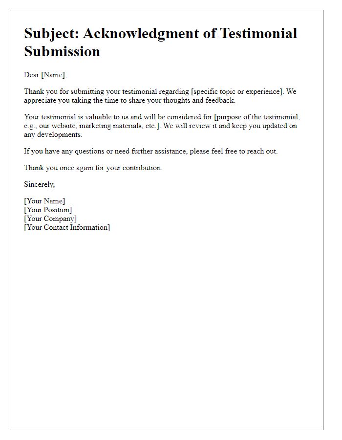 Letter template of acknowledgment for testimonial submission